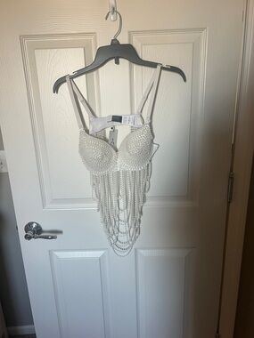 White Pearl Fringe Bustier Top